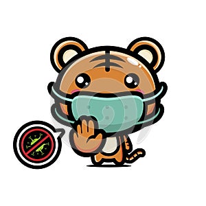 Cute tiger animal cartoon characters wearing health masks against the virus