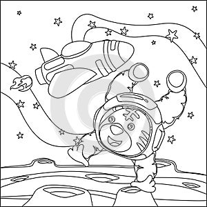 Cute tiger astronaut flies in space. Around the star and planet. Children\'s coloring book