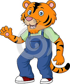 Cute tiger cartoon in clothes waving hand