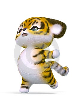 Cute tiger cartoon happy walk in white background