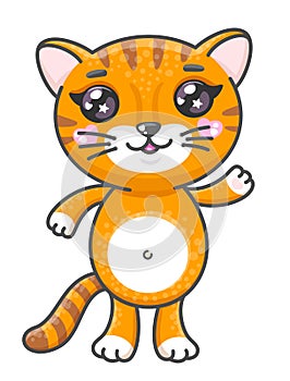 Cute tiger cartoon vector illustration. Smiling baby animal tiger in kawaii style isolated on white background