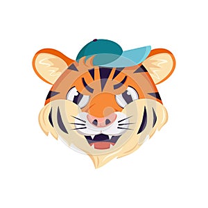 Cute tiger character, face with angry emotions. Wild animals of africa, grumpy cartoon muzzle in a cap