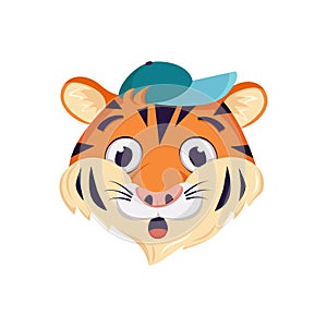 Cute tiger character, face with surprised, shocked emotions. Wild animals of africa, funny or smile cartoon muzzle in a