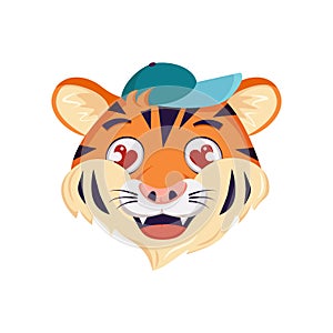 Cute tiger character falls in love, face with eyes hearts. Wild animals of africa, funny or smile cartoon muzzle in a