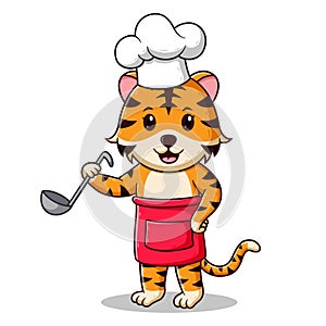 Cute Tiger Cooking Cartoon. Animal Icon Concept. Flat Cartoon Style. Suitable for Web Landing Page, Banner, Flyer, Sticker, Card