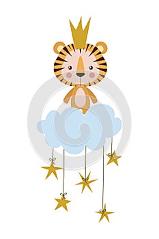 Cute tiger with corwn over cloud and stars vector design
