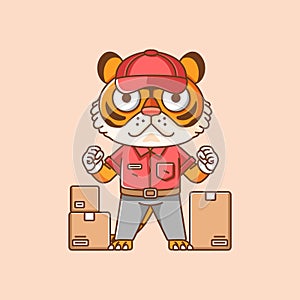 Cute tiger courier package delivery animal chibi character mascot icon flat line art style illustration concept