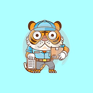 Cute tiger courier package delivery animal chibi character mascot icon flat line art style illustration concept