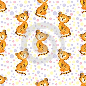 Cute tiger cub is a cartoon animal character. Seamless vector pattern in a flat style, on an original children`s background of