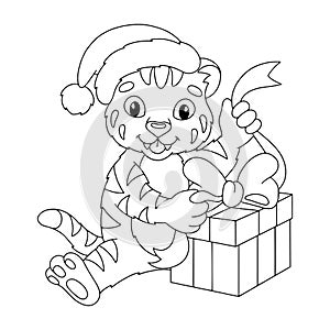 Cute tiger cub in a Christmas hat. Coloring book page for kids. Cartoon style character. Vector illustration isolated on white