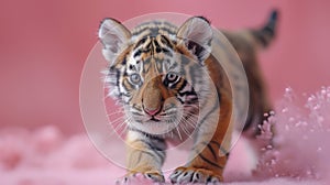 Cute Tiger Cub on Pink Background photo