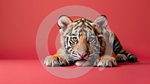 Cute Tiger Cub on Red Background photo