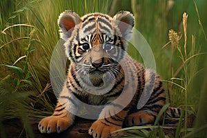 Cute tiger cub sitting in the grass and looking at camera. A cute tiger cub sitting on the grass, detailed body, AI Generated