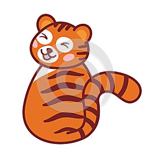 Cute Tiger Cub sitting and smiling. Trendy illustration in cartoon style, isolated on white.  Tiger cub mascot with kawaii muzzle