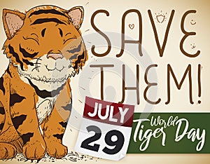 Cute Tiger Draw, Calendar and Clamor for its Commemorative Day, Vector Illustration