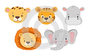 Cute tiger, elephant, hippo and cheetah portraits, set in cartoon style. Drawing african animals isolated on white.