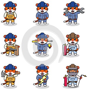 Cute Tiger engineers workers, builders characters isolated cartoon illustration.