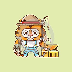 Cute tiger fisher fishing animal chibi character mascot icon flat line art style illustration concept cartoon