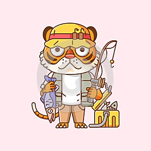 Cute tiger fisher fishing animal chibi character mascot icon flat line art style illustration concept cartoon