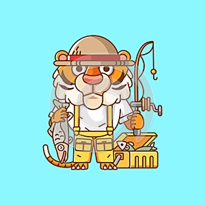 Cute tiger fisher fishing animal chibi character mascot icon flat line art style illustration concept cartoon