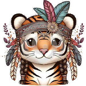 cute tiger in a heDecorated chinese treeaddress with feather