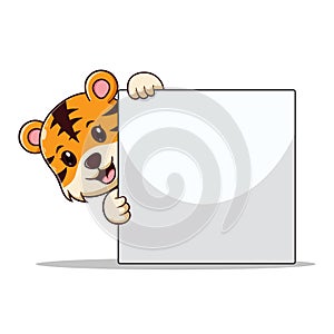 Cute Tiger Holding Blank Sign Cartoon. Animal Icon Concept. Flat Cartoon Style. Suitable for Web Landing Page, Banner, Flyer