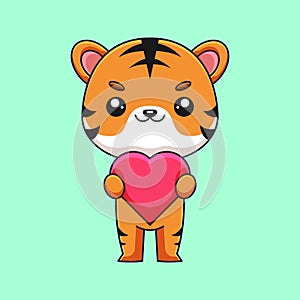 cute tiger holding love hearth cartoon doodle art hand drawn concept vector kawaii icon illustration