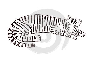 Cute tiger laying down hand drawn illustration.