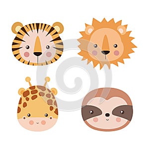 Cute tiger lion giraffe and sloth cartoon vector design