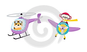 Cute Tiger and Monkey Animal Flying on Airplane with Propeller Vector Set
