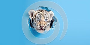 Cute Tiger peekging out of a hole in wall, torn hole, empty copy space frame, mockup. Generative AI weber.