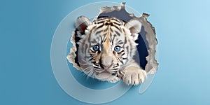 Cute Tiger peekging out of a hole in wall, torn hole, empty copy space frame, mockup. Generative AI weber.