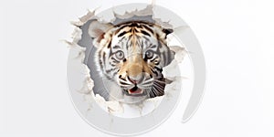 Cute Tiger peekging out of a hole in wall, torn hole, empty copy space frame, mockup. Generative AI weber.