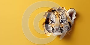 Cute Tiger peekging out of a hole in wall, torn hole, empty copy space frame, mockup. Generative AI weber.