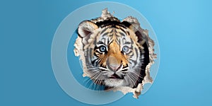 Cute Tiger peekging out of a hole in wall, torn hole, empty copy space frame, mockup. Generative AI weber.