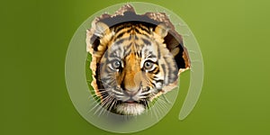 Cute Tiger peekging out of a hole in wall, torn hole, empty copy space frame, mockup. Generative AI weber.