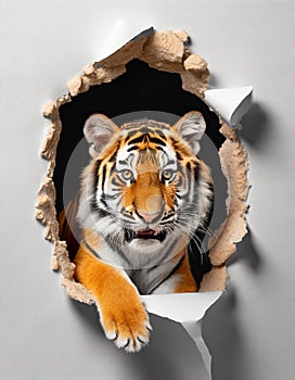 Cute Tiger peeking out of a hole in wall, torn hole, empty copy space frame, mockup. Generative AI image weber,white background photo