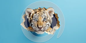 Cute Tiger peekging out of a hole in wall, torn hole, empty copy space frame, mockup. Generative AI weber.