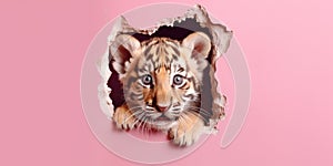 Cute Tiger peekging out of a hole in wall, torn hole, empty copy space frame, mockup. Generative AI weber.