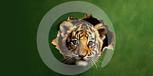 Cute Tiger peekging out of a hole in wall, torn hole, empty copy space frame, mockup. Generative AI weber.