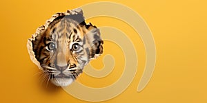 Cute Tiger peekging out of a hole in wall, torn hole, empty copy space frame, mockup. Generative AI weber.