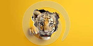 Cute Tiger peekging out of a hole in wall, torn hole, empty copy space frame, mockup. Generative AI weber.