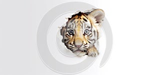 Cute Tiger peekging out of a hole in wall, torn hole, empty copy space frame, mockup. Generative AI weber.