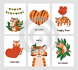 Cute tiger posters. Cartoon adorable wild animal mascot on greeting cards and invitations. Funny cat sleeping or flying