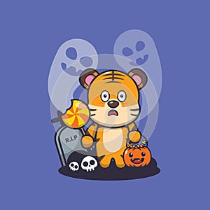 Cute tiger scared by ghost in halloween day