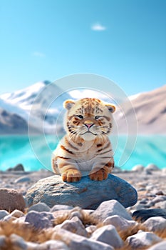 Cute tiger sitting on a rock in front of a mountain lake. AI Generative