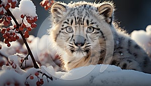 Cute tiger in snow, looking, fur and whisker close up generated by AI