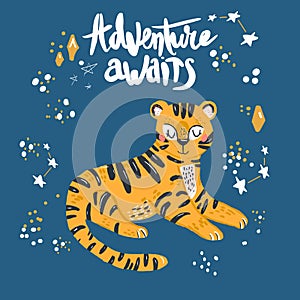 Cute tiger in space vector print, spaceships, Hand drawn vector illustration. Design for cards, posters, cards, t-shirts