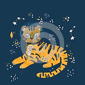 Cute tiger in space vector print, spaceships, Hand drawn vector illustration. Design for cards, posters, cards, t-shirts