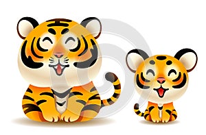 Cute tiger and tiger cub isolated on white background